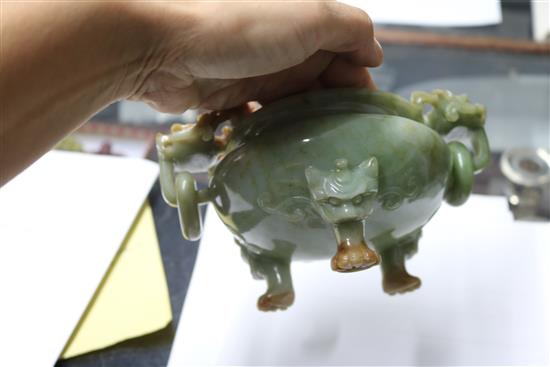 A Chinese jade tripod censer and cover